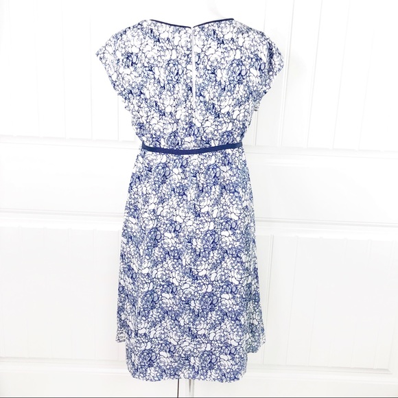 Ann Taylor Loft Blue Cream Floral Cap Sleeve Dress - Picture 3 of 4